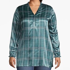 Lane Bryant turquoise plaid, mixed fabric blouse!